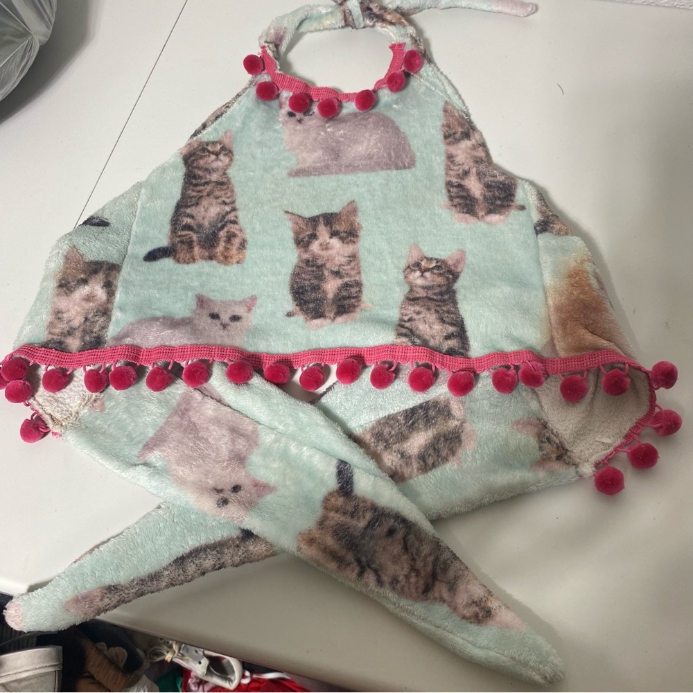 Handmade Fuzzy Halter Top with Kittens and Hot Pink Pom Pom Grunge Velour Large